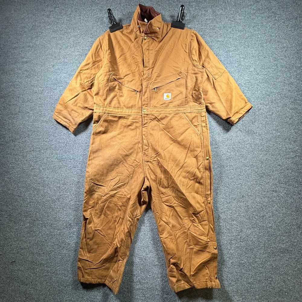Carhartt Duck Coveralls Men 52 Short Brown Canvas Quilt Lined Insulated Workwear